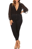 Plus Size Long Bubble Sleeve V-Neck Bodysuit Black